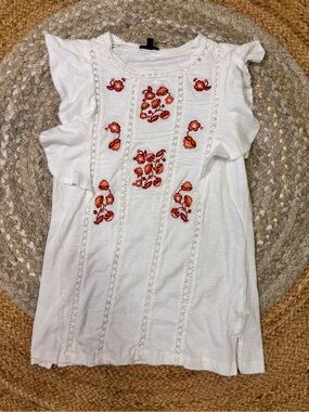 Hannah White Tank Top with Red & Orange Floral Embroidery